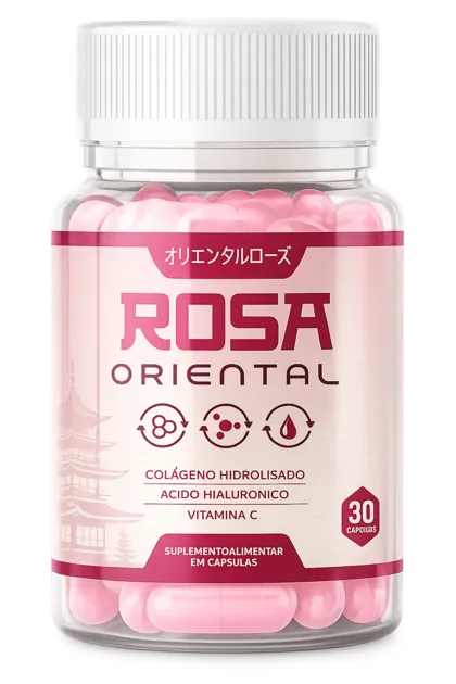 Frasco do suplemento Rosa Oriental com colágeno hidrolisado, ácido hialurônico e vitamina C